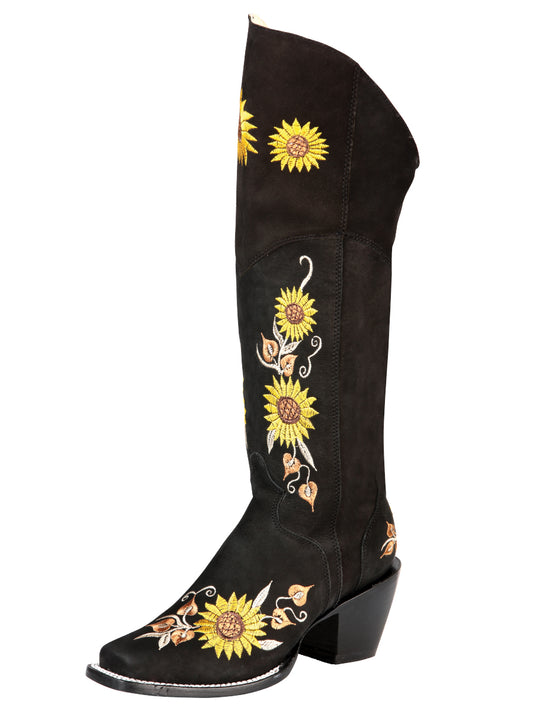 El General High Womens Western Boot- Black/ Sunflowers 43914