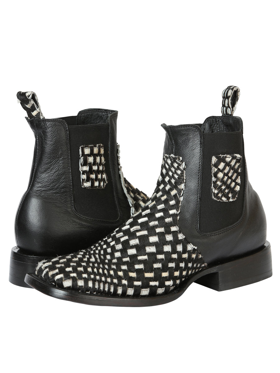 El General Men's Rodeo Ankle Boots Woven Hair-On Leather - Black/White 45175