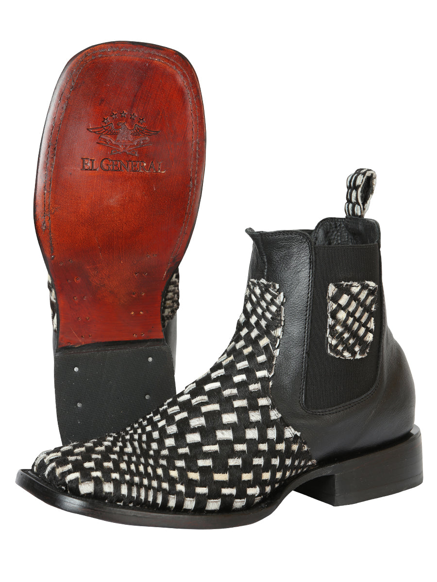 El General Men's Rodeo Ankle Boots Woven Hair-On Leather - Black/White 45175