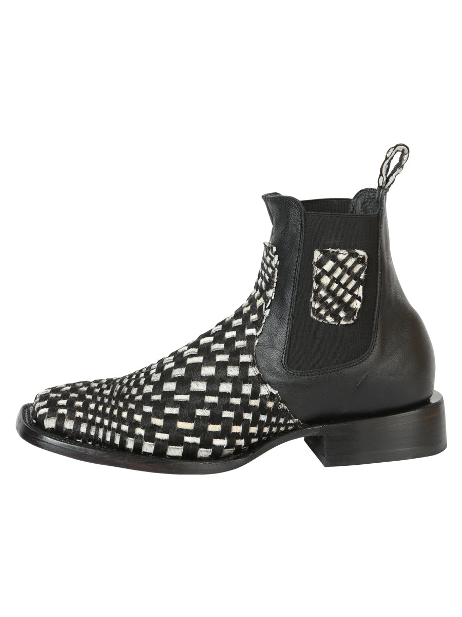El General Men's Rodeo Ankle Boots Woven Hair-On Leather - Black/White 45175