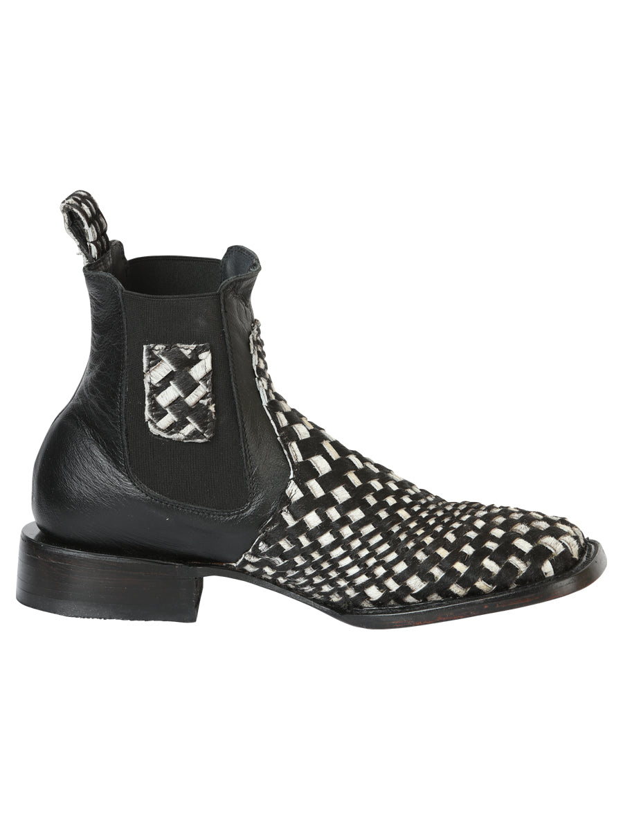El General Men's Rodeo Ankle Boots Woven Hair-On Leather - Black/White 45175