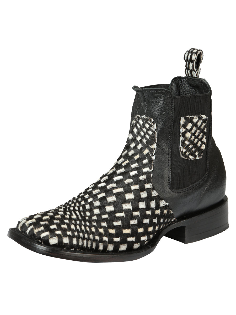 El General Men's Rodeo Ankle Boots Woven Hair-On Leather - Black/White 45175