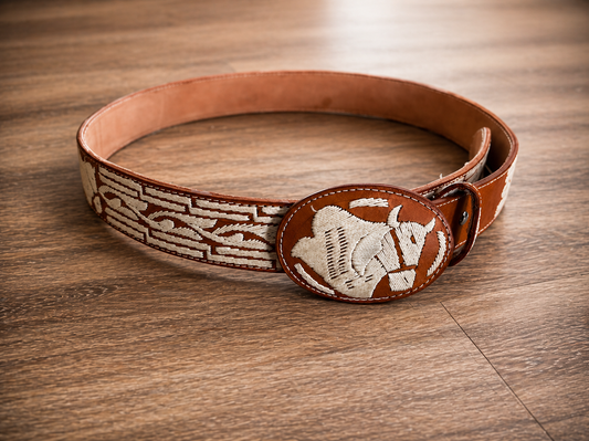 Handcrafted Mexican Western Leather Belt-Cow design