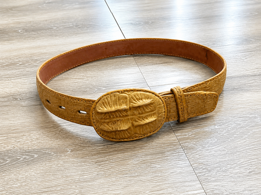 Tan Embossed Alligator Print Leather Belt with Buckle