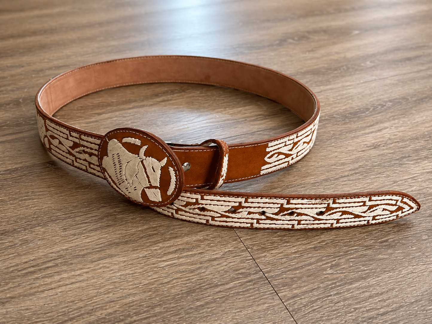 Handcrafted Mexican Western Leather Belt-Cow design